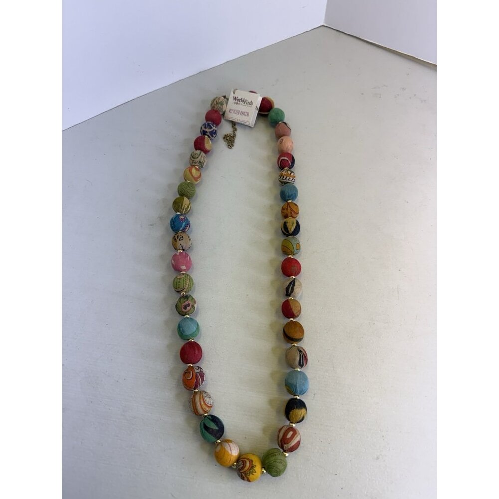 Kantha Repurposed Textile Necklace Long Beaded World Finds Handmade Ethical 36”
